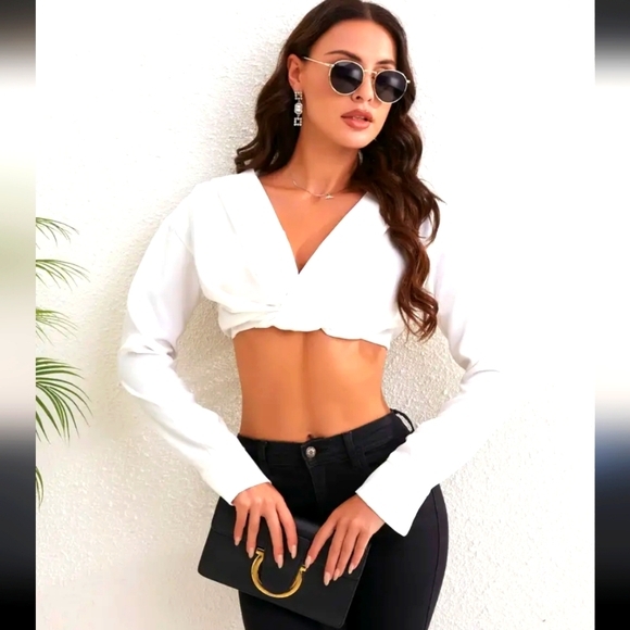 Micas Tops - MICAS BRAND TWIST FRONT SATINY CROPPED BLOUSE WITH A SEXY v-neck size medium